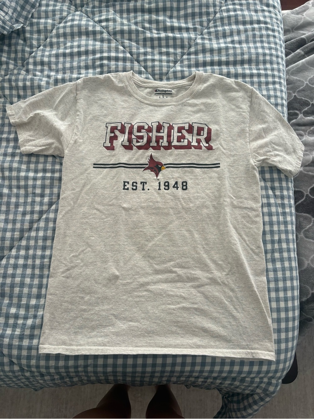 Champion Heather Cream Tee with Navy and Red Logo